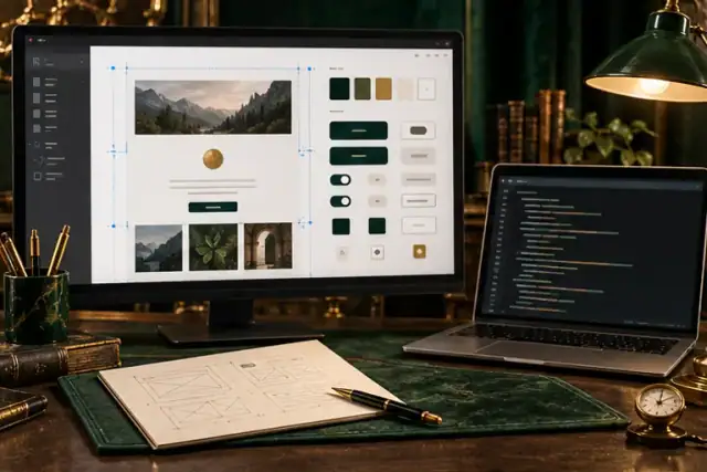 UI design screen beside a developer laptop and component notes