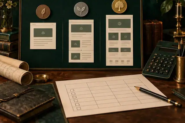 Website project scope cards beside a budget sheet and calculator