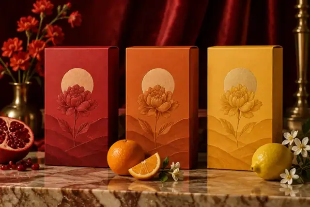 Printed packaging and brand samples using red orange and yellow palettes