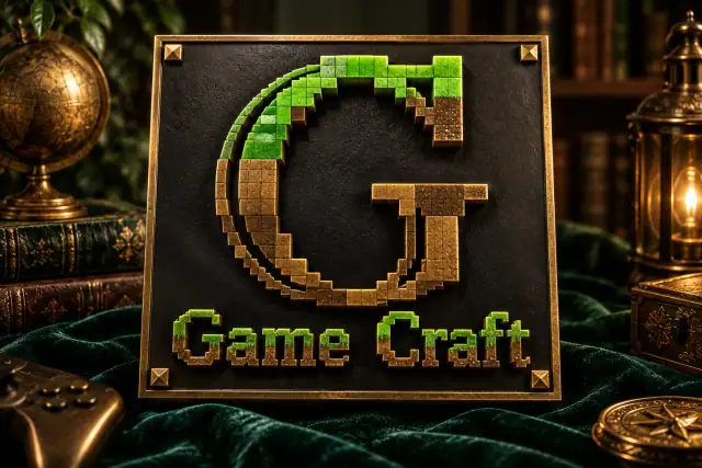 نشان پیکسلی Game Craft با رنگ‌های سبز و قهوه‌ای روی زمینهٔ تیره
