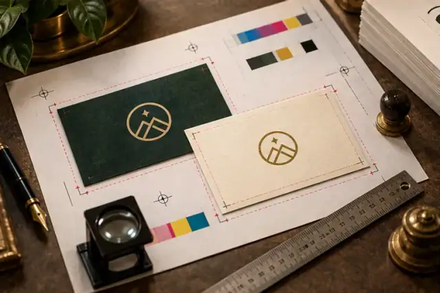 Two business card sides on a print proof with crop and bleed marks