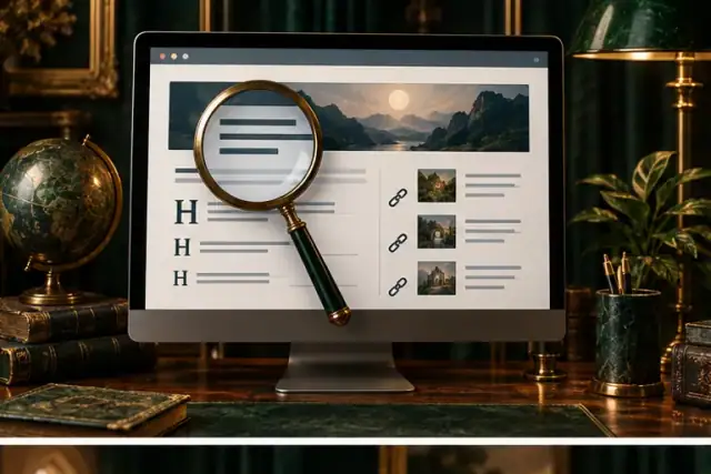 A website page with headings and links viewed through a magnifying glass