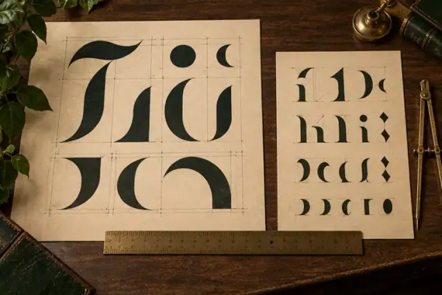 Large and small typographic forms arranged on a design grid