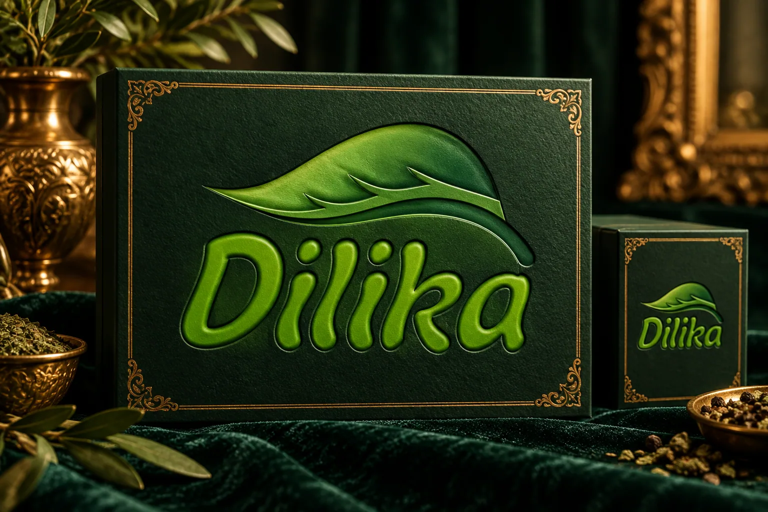Mockup of Dilika's green logo with its flowing leaf-like symbol