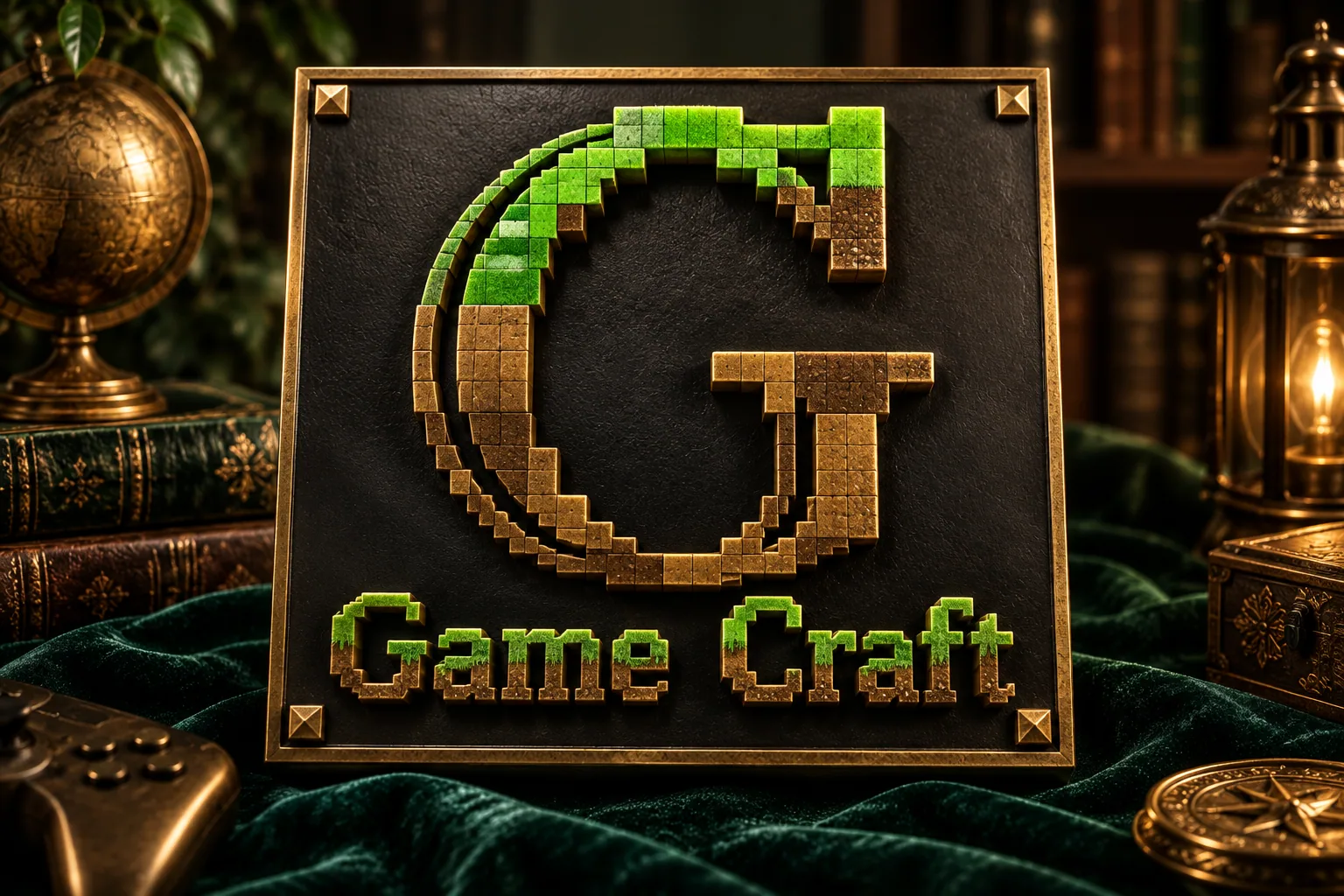 موکاپ پیکسلی Game Craft با رنگ‌های سبز و قهوه‌ای روی زمینهٔ تیره