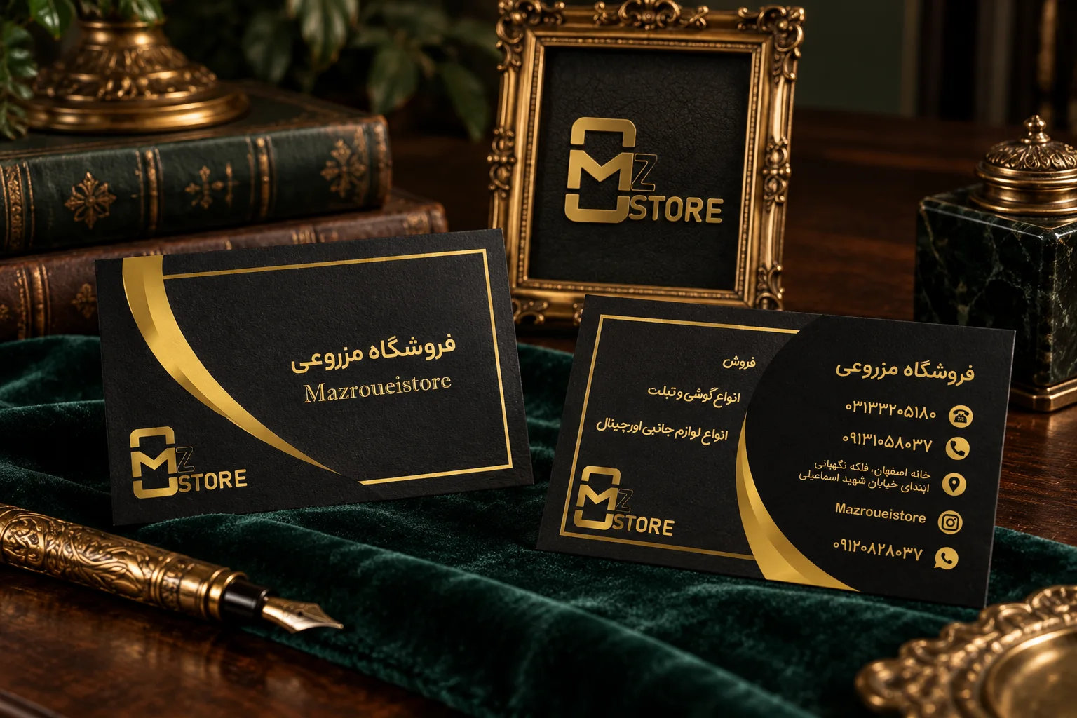 موکاپ هویت بصری فروشگاه موبایل مزروعی شامل لوگو، کارت ویزیت و وب‌سایت