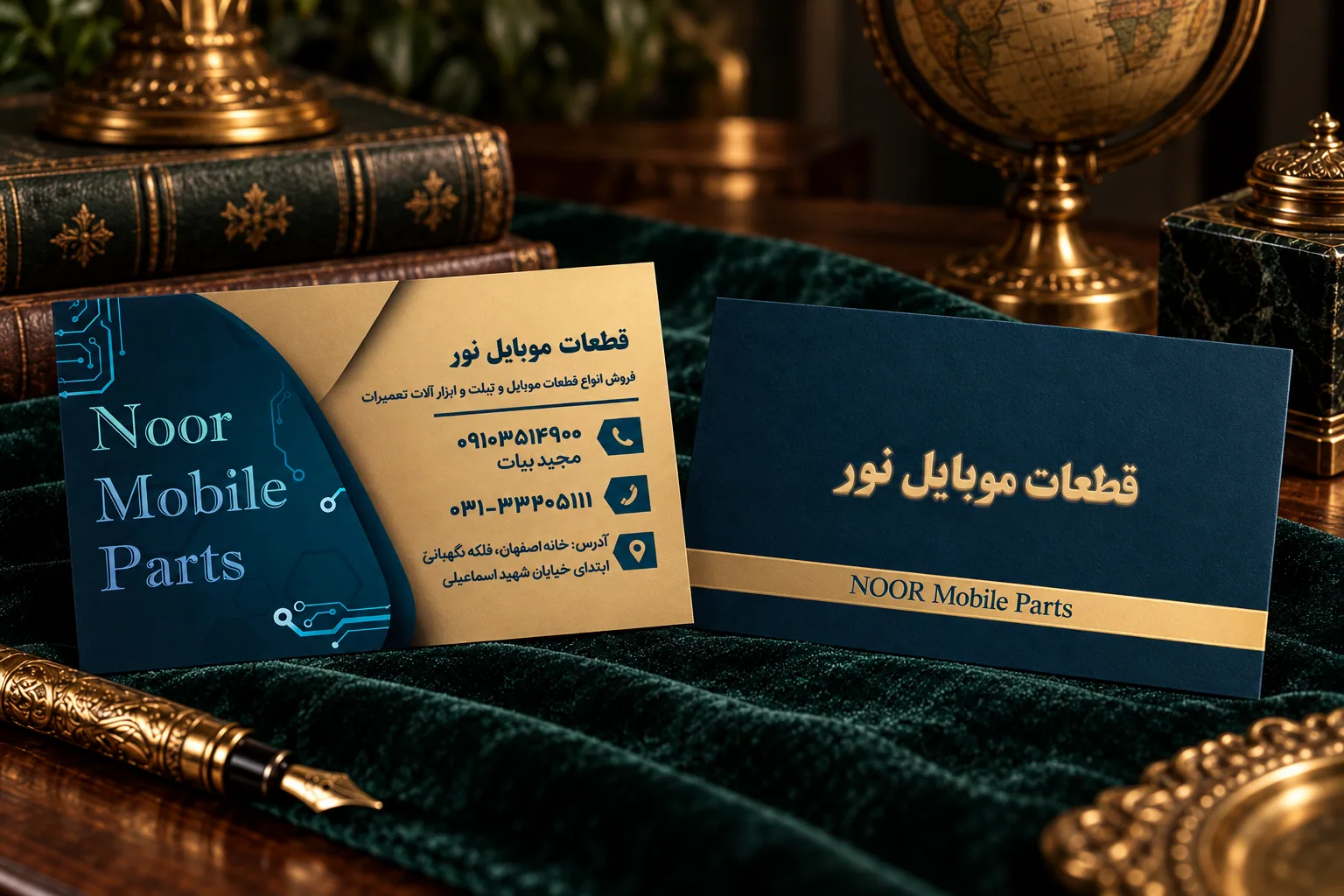 Mockup of both Noor Mobile Parts business card sides in a dark-green and gold presentation