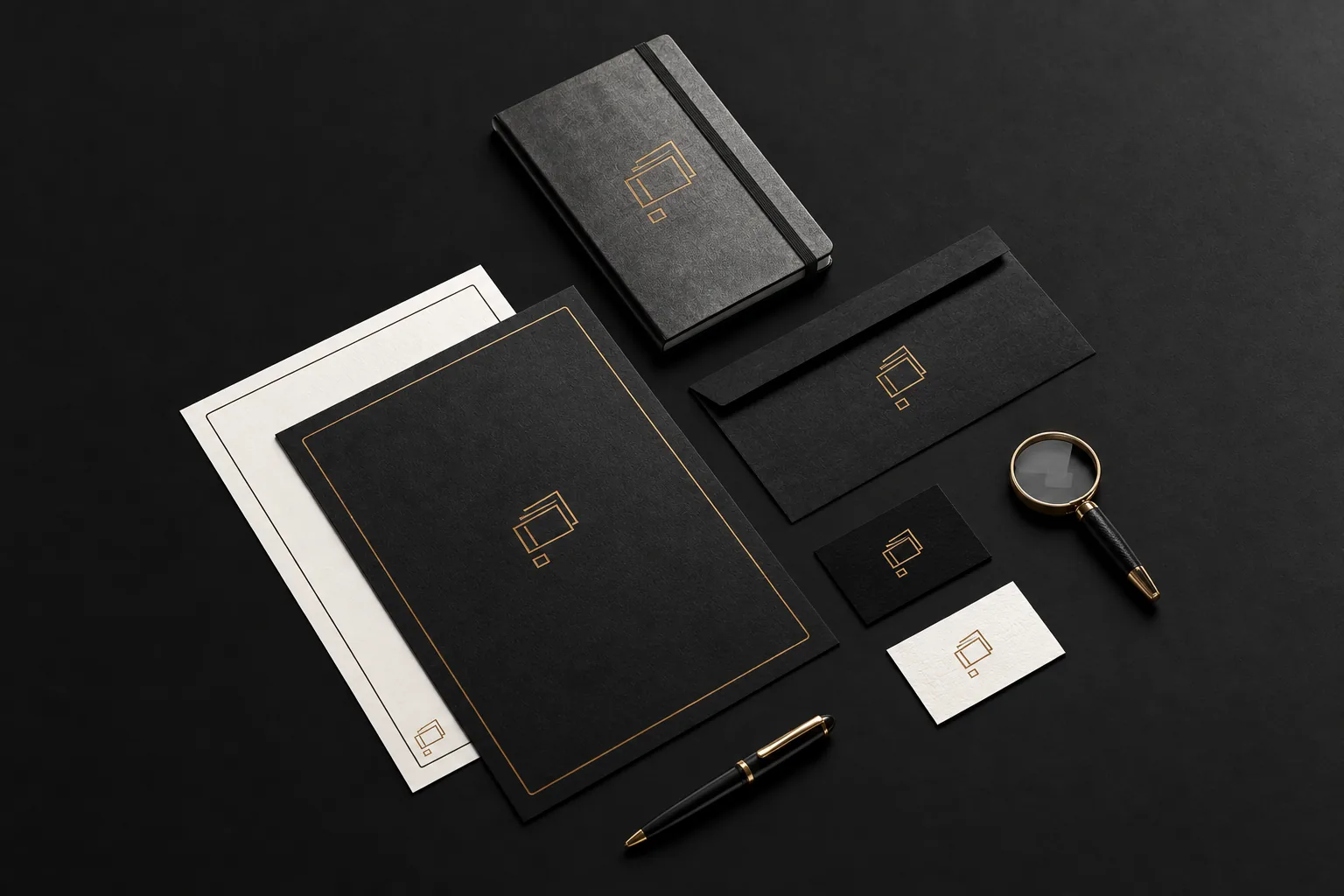 Studio Note stationery and business card mockup in black and gold